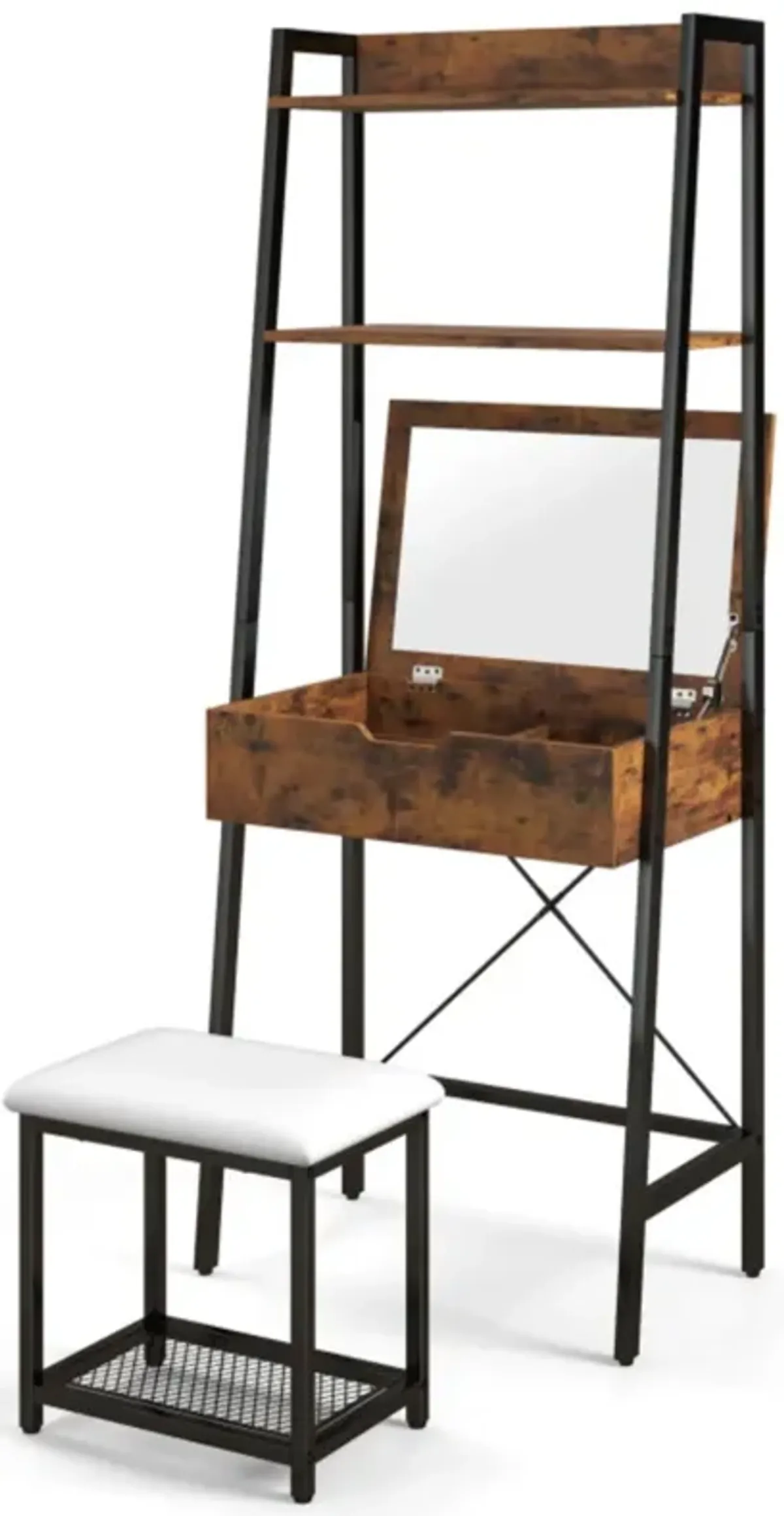 Hivvago Ladder Vanity Desk Set with Flip Top Mirror and Cushioned Stool