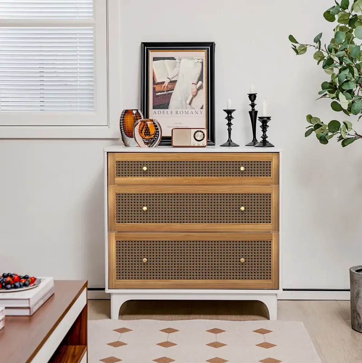 3-Drawer Rattan Dresser Chest with Anti-toppling Device-Brown