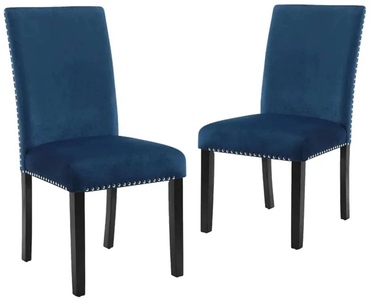 Kate 38 Inch Velvet Upholstered Wood Dining Chair, Set of 2, Blue-Benzara