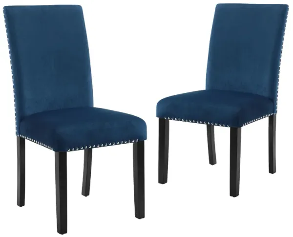 Kate 38 Inch Velvet Upholstered Wood Dining Chair, Set of 2, Blue-Benzara