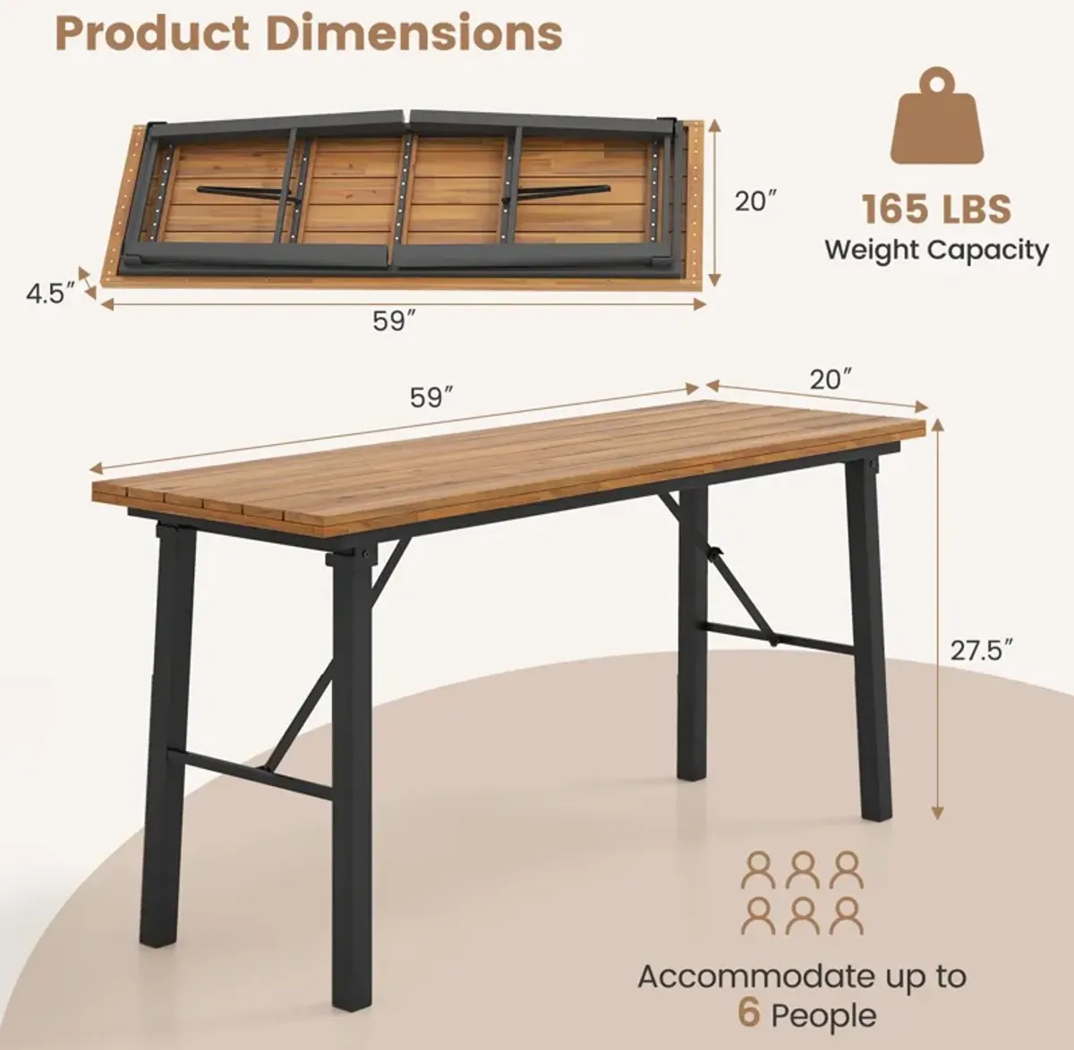 Outdoor Dining Table and Bench Set with Acacia Wood Top for Yard Garden Poolside