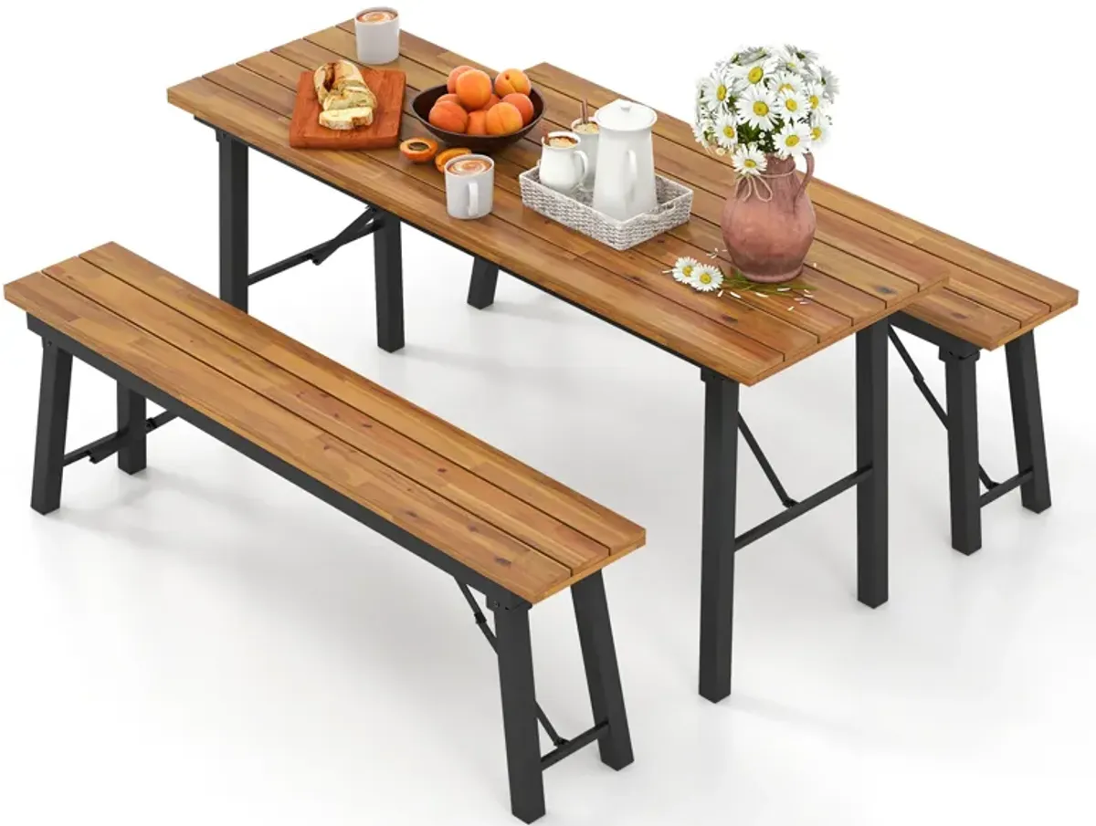 Outdoor Dining Table and Bench Set with Acacia Wood Top for Yard Garden Poolside