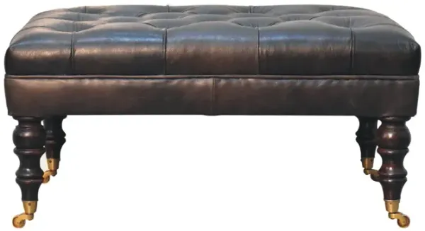 Artisan Furniture Solid Wood Buffalo Ash Black Leather Ottoman with Castor Legs