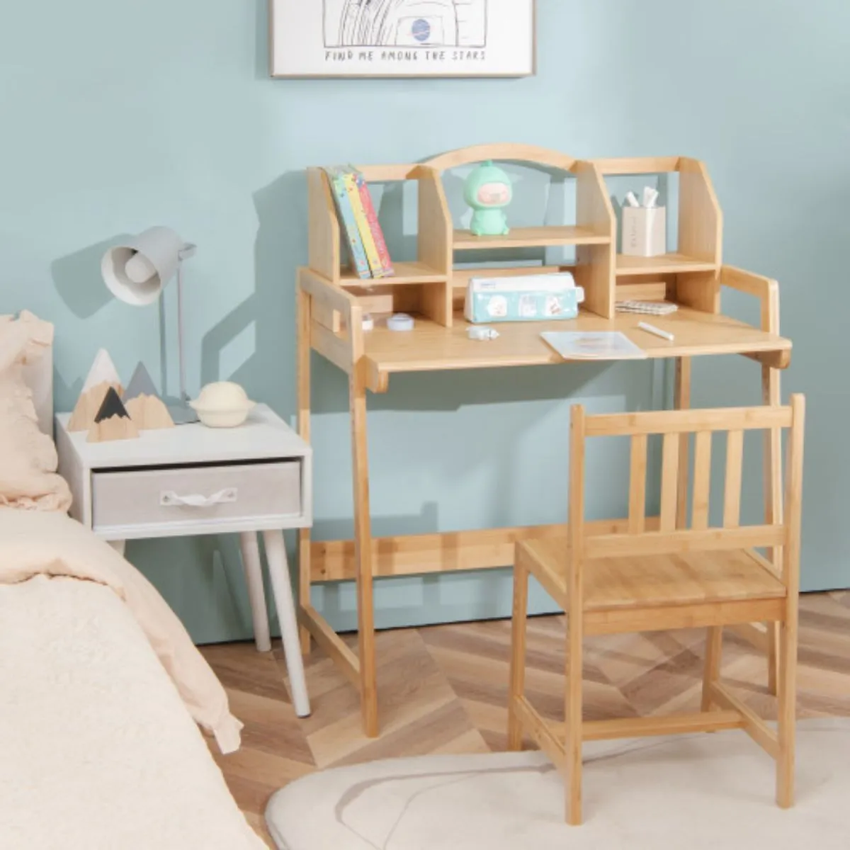 Bamboo Kids Study Desk and Chair Set with Bookshelf