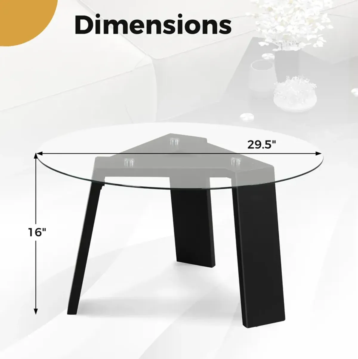 29.5 Inch Round Glass Coffee Table with Solid Rubber Wood Legs for Living Room Home Office Small Space-Black