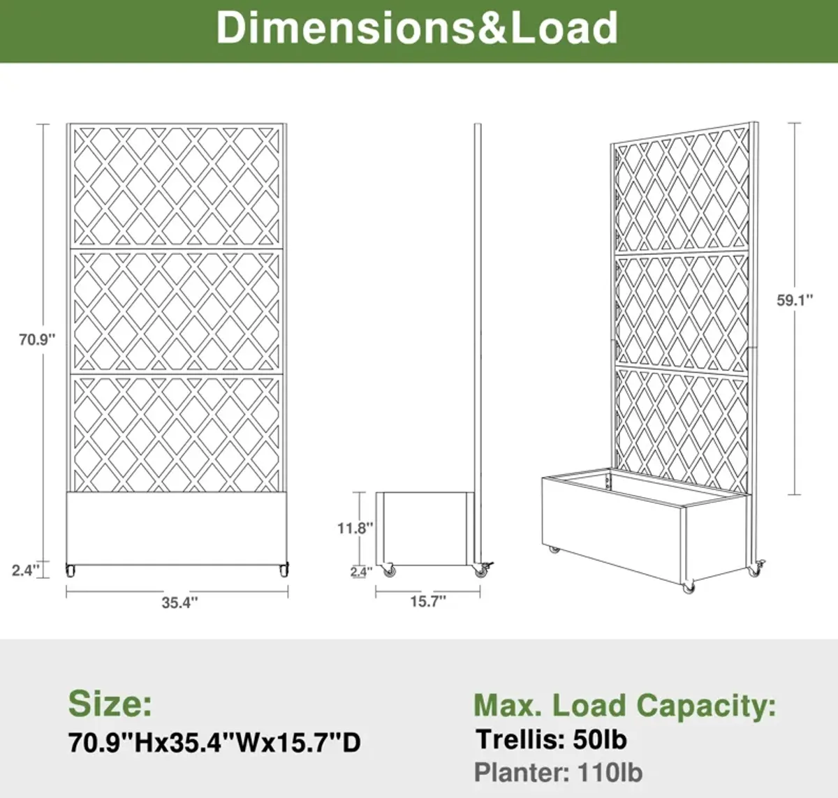 71*35.5 Metal Planter Box with Trellis