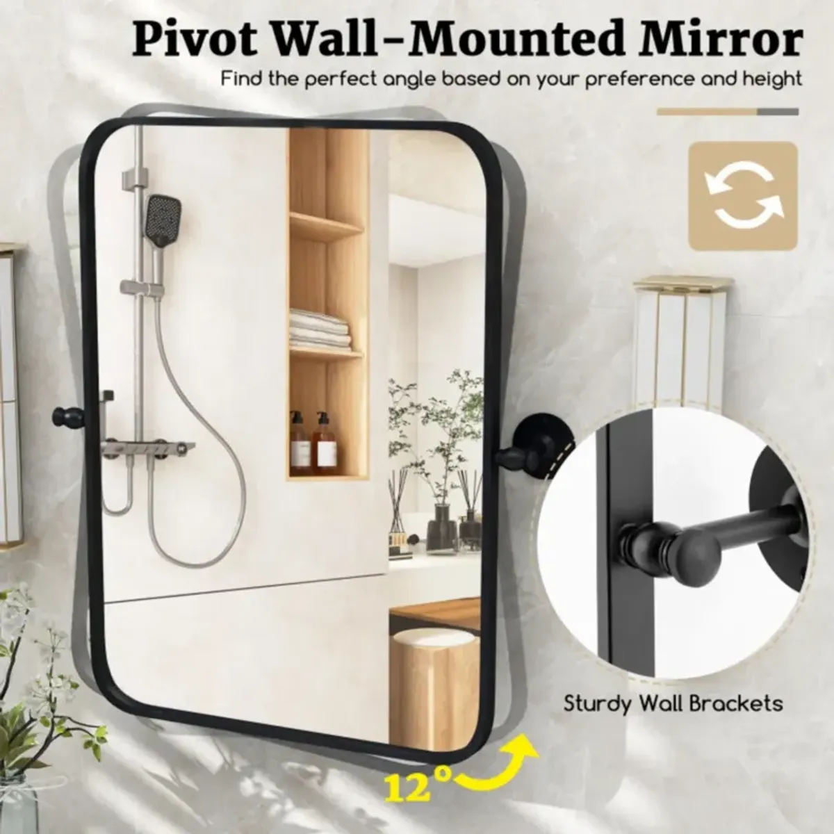 Hivvago 30 x 22 Inch Black Metal Framed Pivot Rectangle Wall-Mounted Mirror