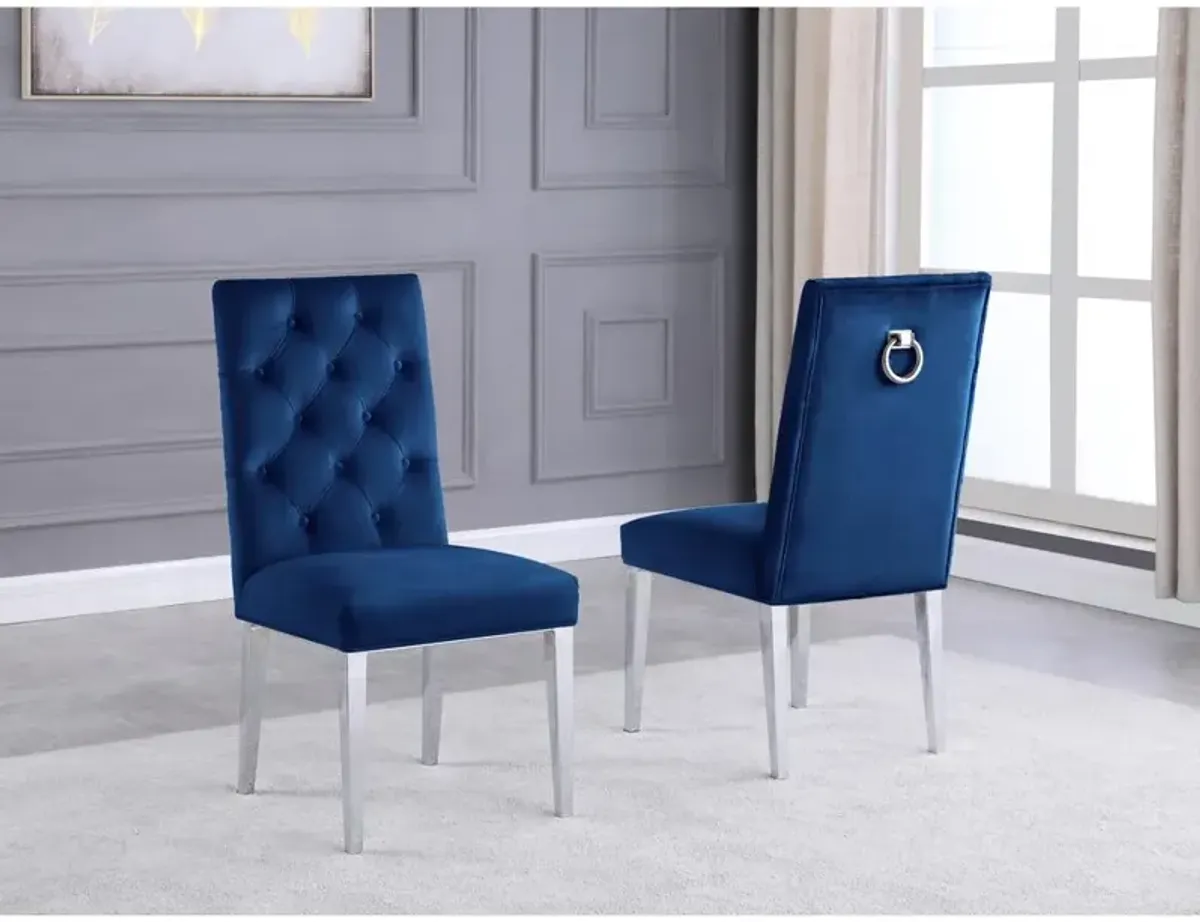 Navy Bue Velvet Tufted Dining Side Chairs, Chrome Legs - Set of 2