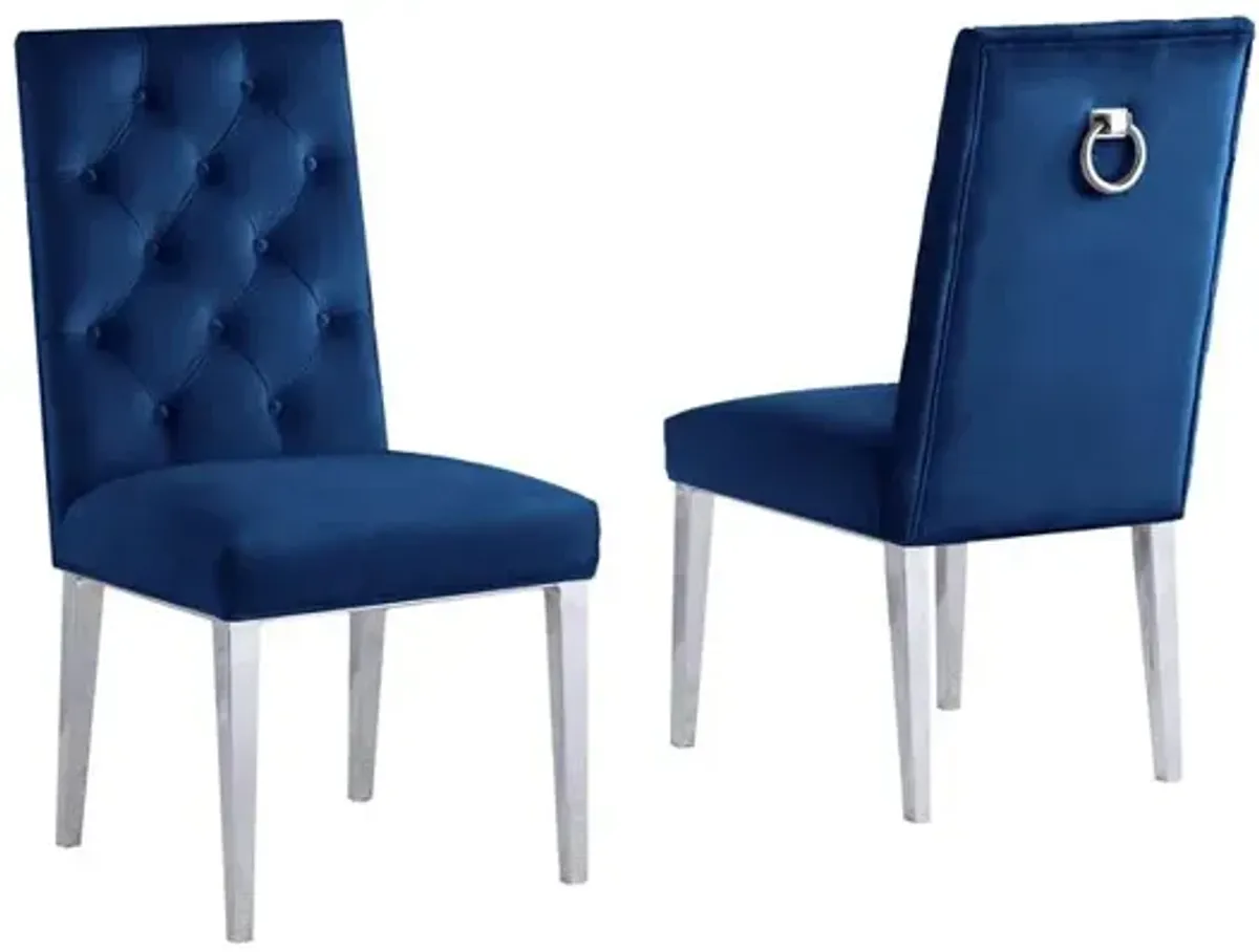 Navy Bue Velvet Tufted Dining Side Chairs, Chrome Legs - Set of 2