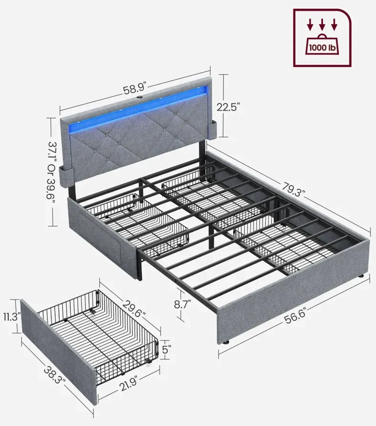 LED Bed Frame with Headboard – Features 4 Drawers, USB Port & Type-C Port