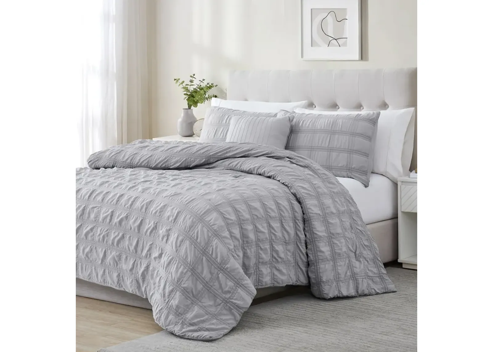 Ramallah Eliza Seersucker Comforter Set - 4-Piece - Queen 86x86", Grey