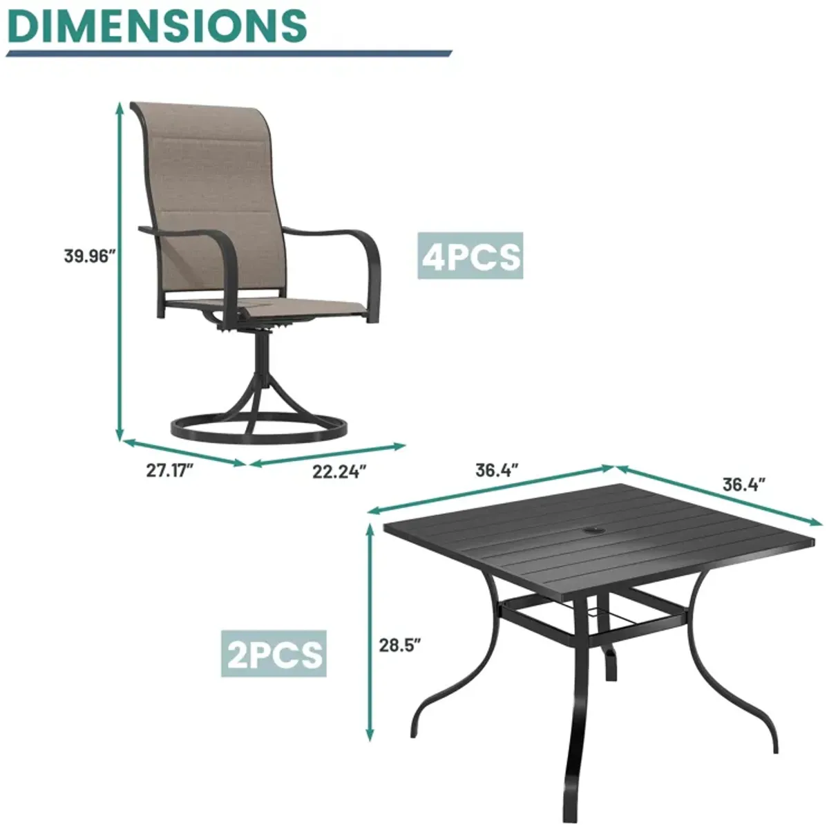 MONDAWE 6-Piece Dining Set With 2 Pcs Square Steel Tables And 4 Pcs Steel Textiliene Dining Swivel Chairs