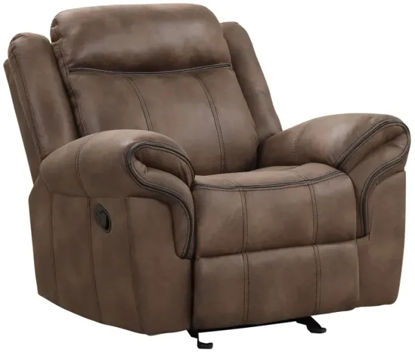 Arisa Manual Glider Recliner Chair, Brown Faux Leather, Pillow Arms - Benzara