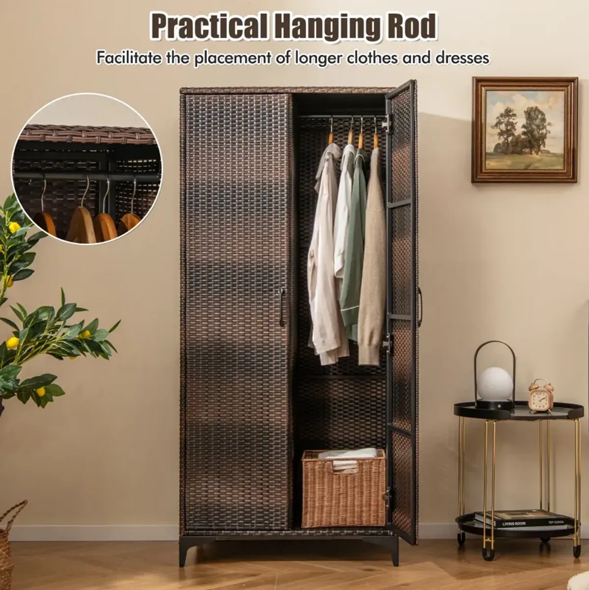 62 Inch Wicker Wardrobe with 2 Doors PE Rattan Closet with Hanging Rod