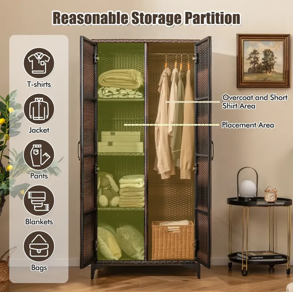 62 Inch Wicker Wardrobe with 2 Doors PE Rattan Closet with Hanging Rod