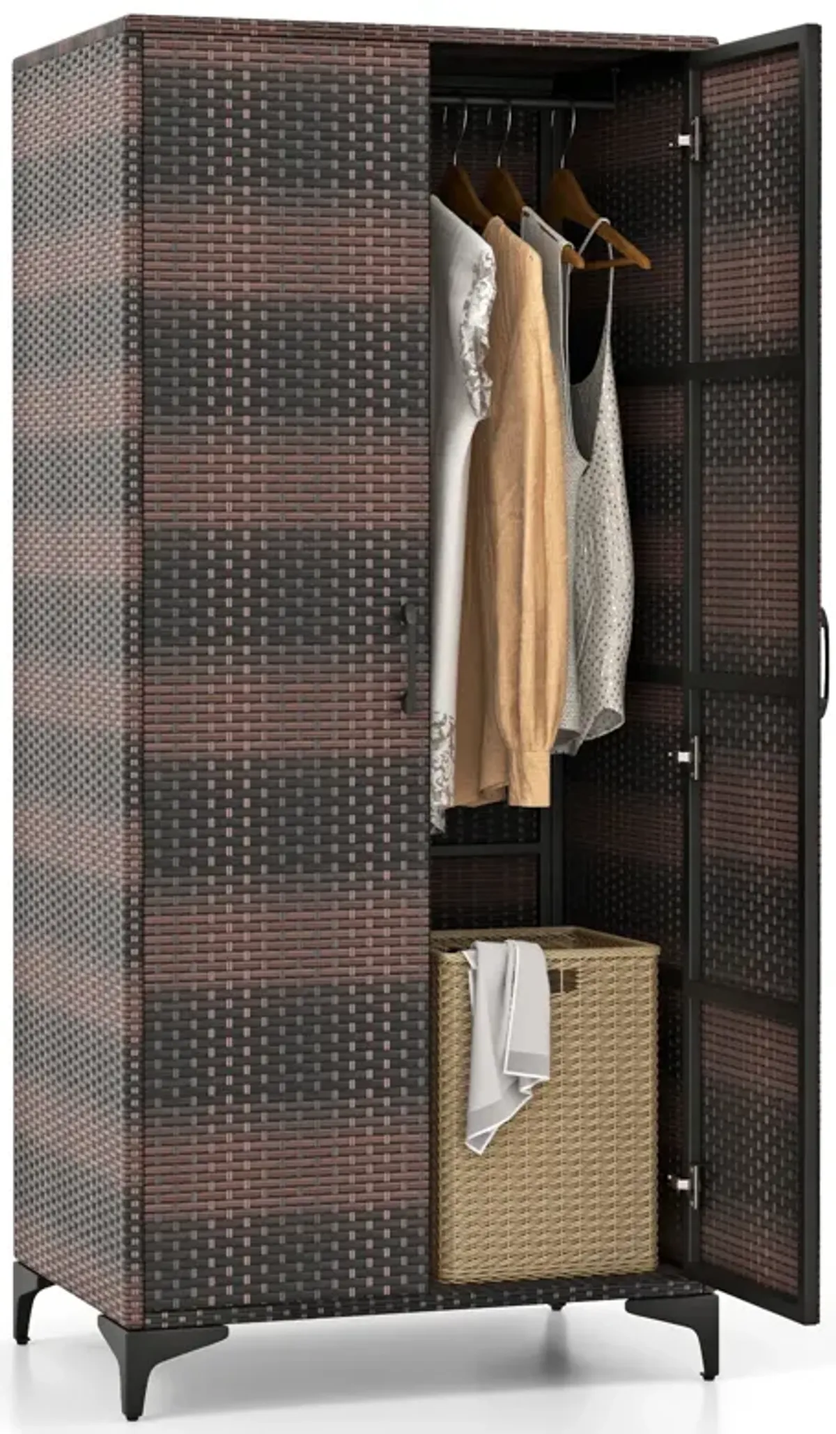 62 Inch Wicker Wardrobe with 2 Doors PE Rattan Closet with Hanging Rod