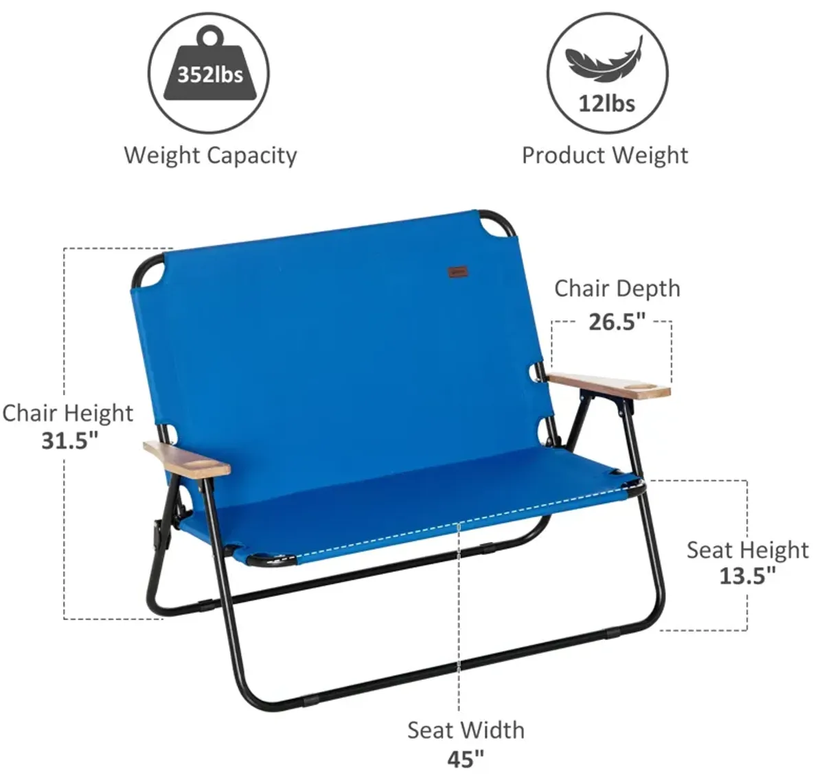 Blue Outdoor Loveseat: Folding Double Chair with Cup Holders