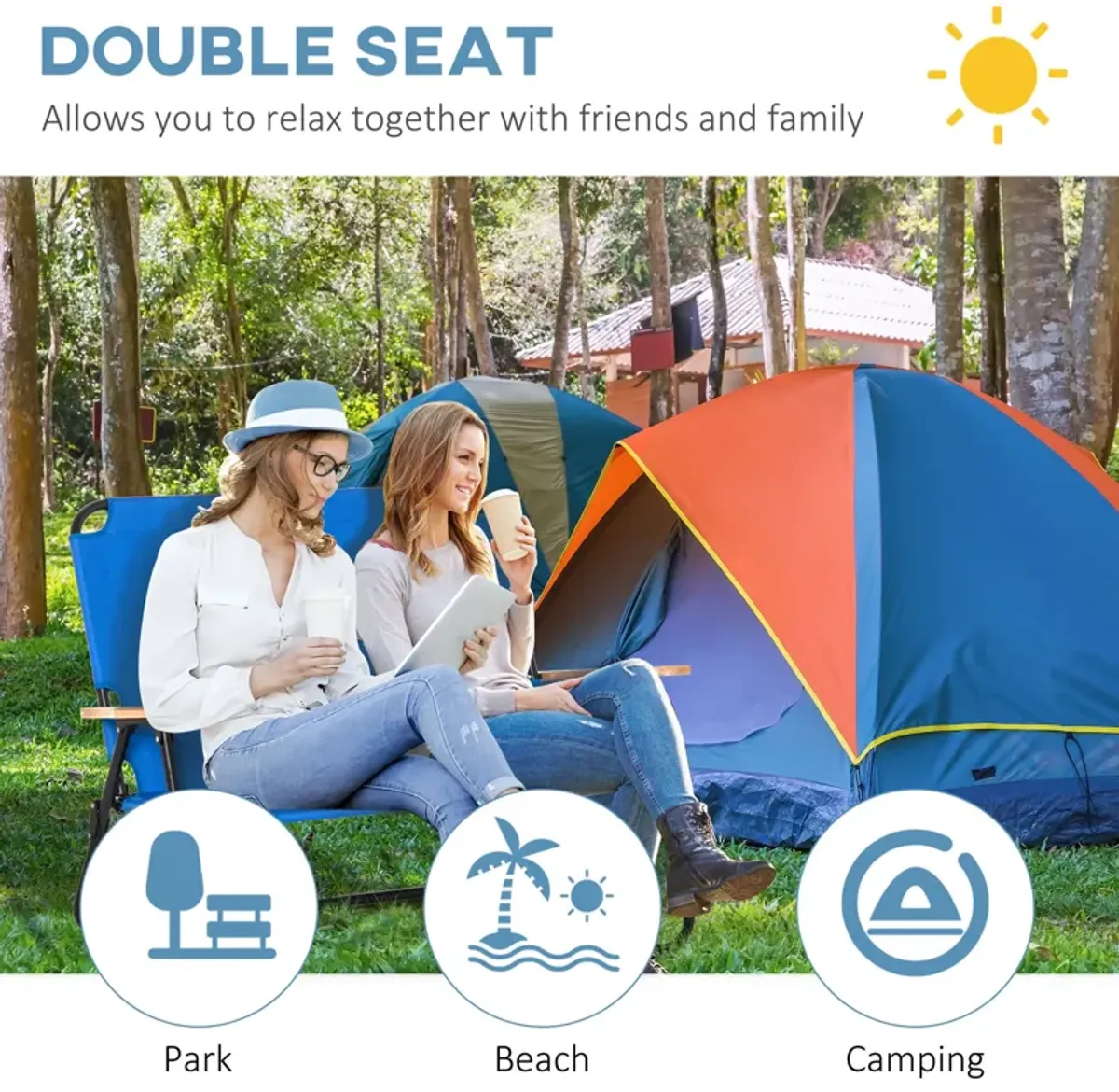 Blue Outdoor Loveseat: Folding Double Chair with Cup Holders