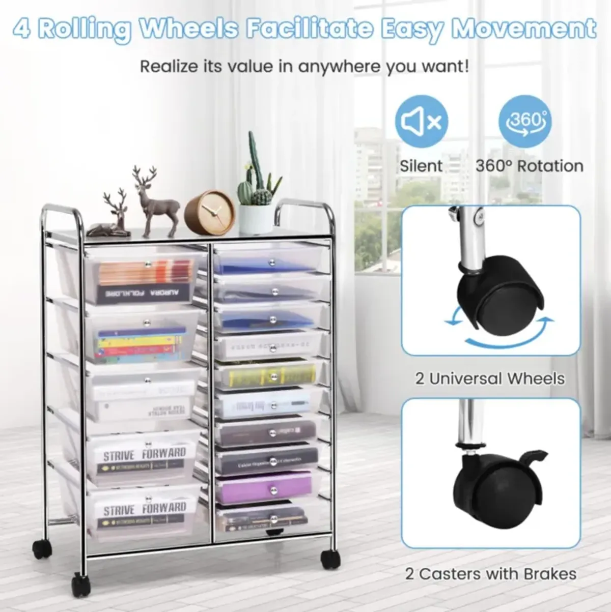 Hivvago 15-Drawer Utility Rolling Organizer Cart Multi-Use Storage