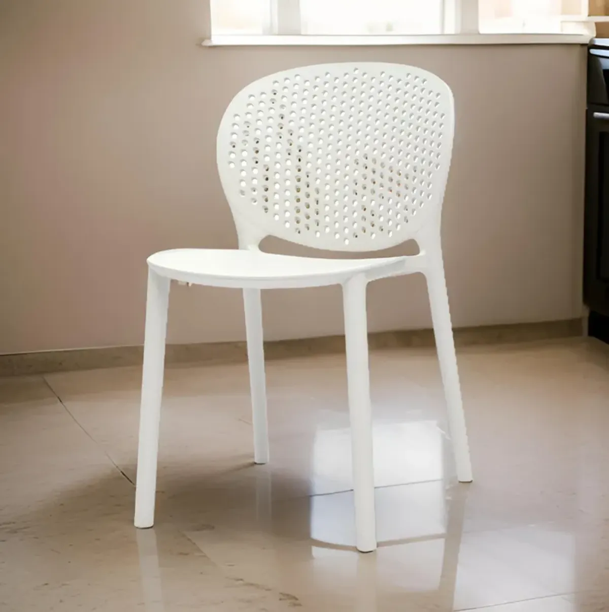 Gyna 14 Inch Kids Side Chair, Round Dotted Backrest, Armless, White - Benzara