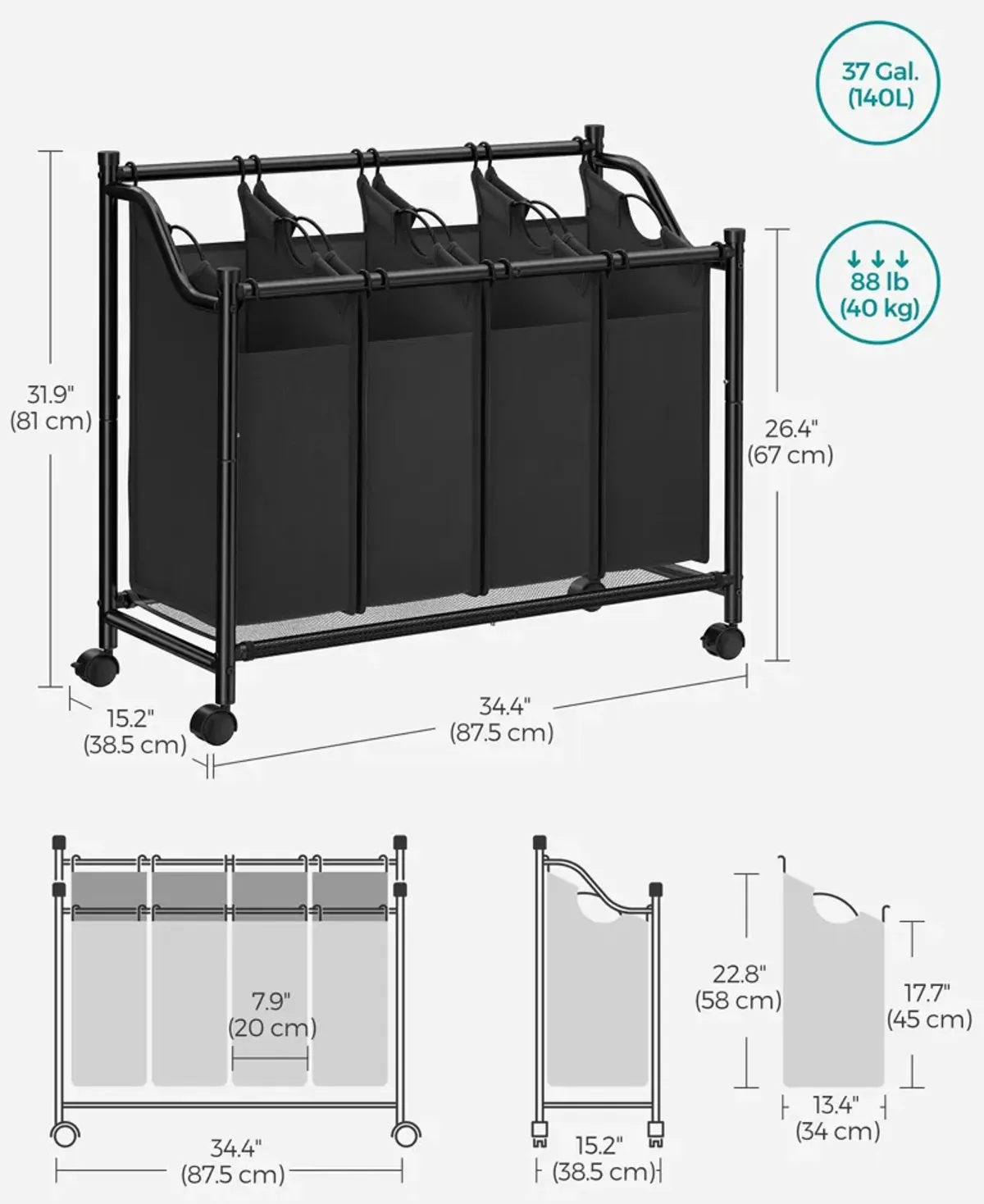 Rolling Laundry Basket with 4 Removable Bags