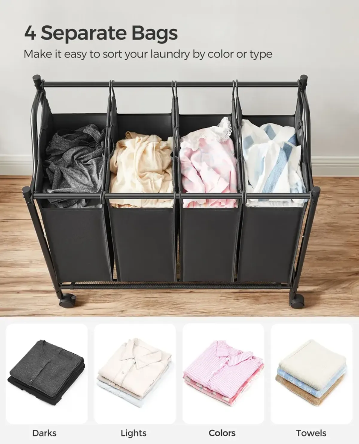 Rolling Laundry Basket with 4 Removable Bags