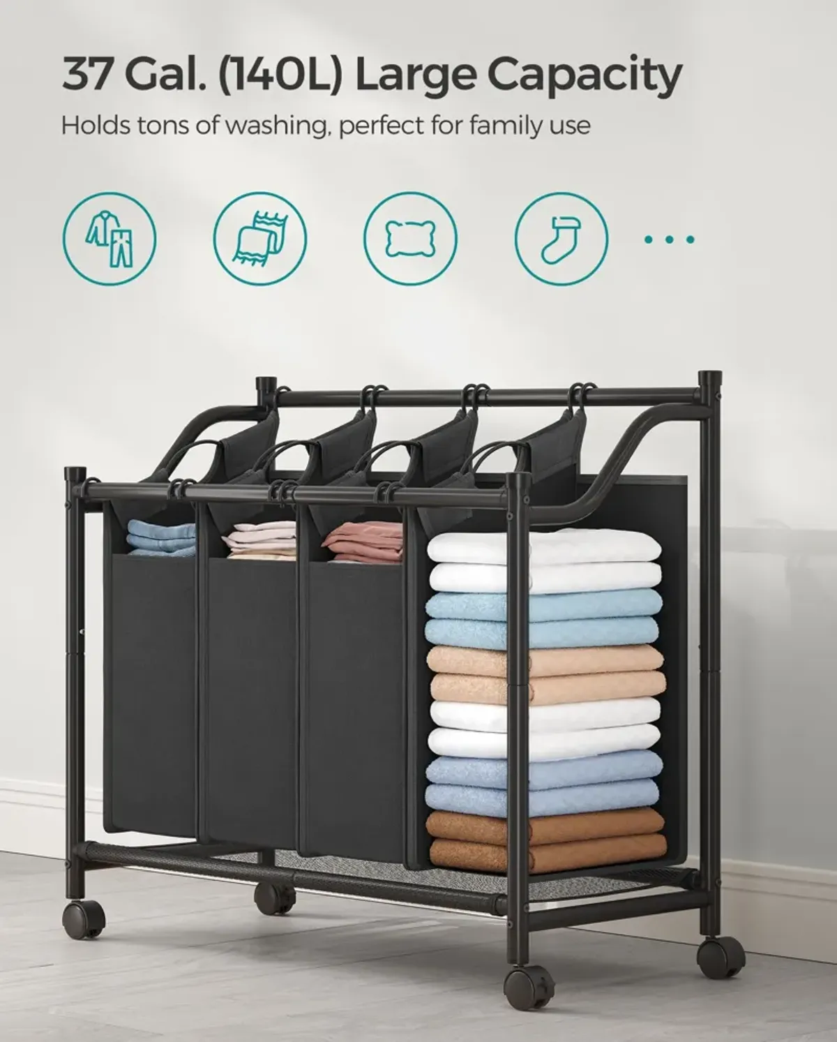 Rolling Laundry Basket with 4 Removable Bags