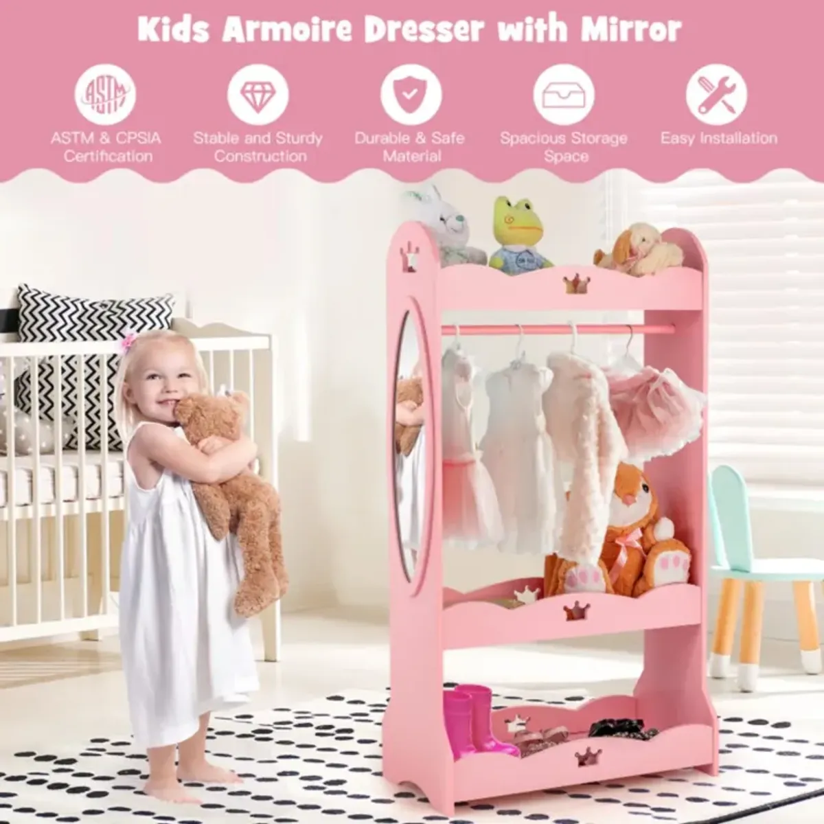 Hivvago Kids Pretend Costume Closet with Mirror-Pink