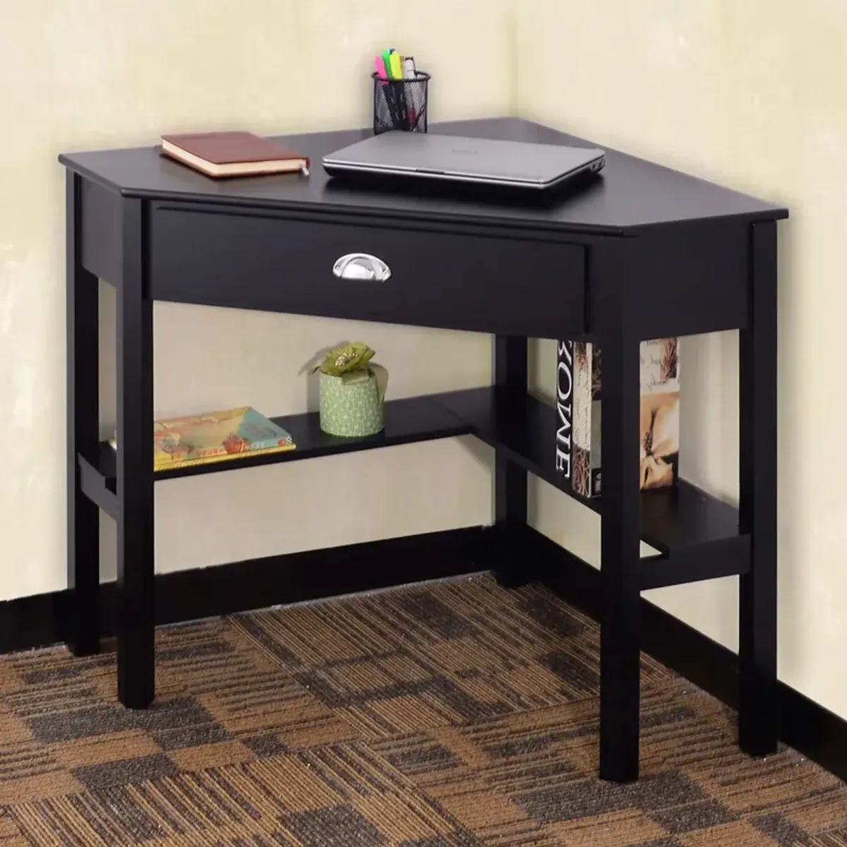 Hivvago Corner Black Wood Computer Desk with Drawer