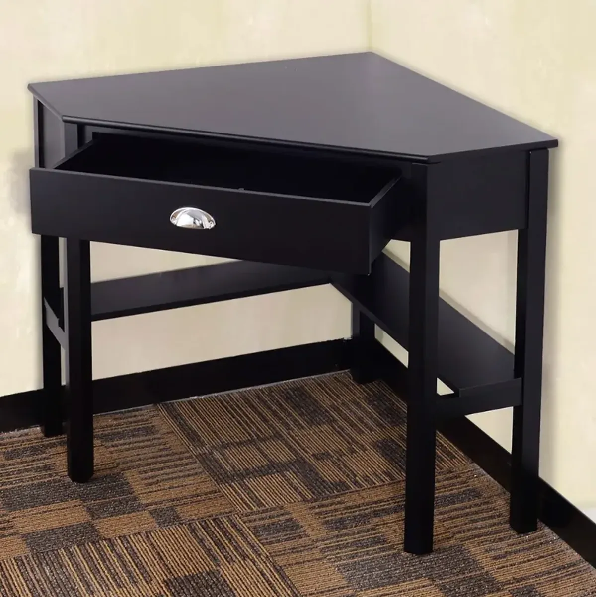 Hivvago Corner Black Wood Computer Desk with Drawer