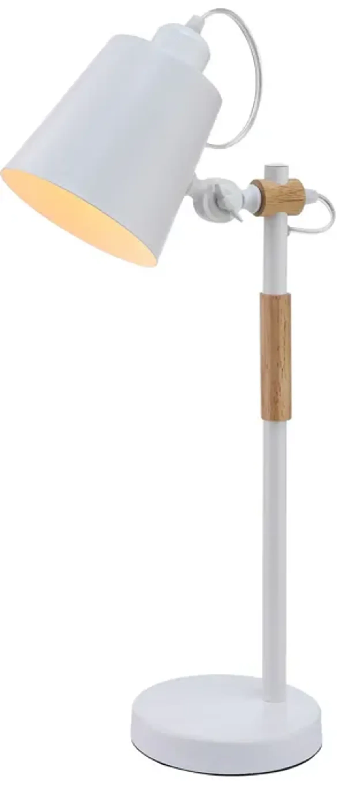 23 Inch Table Lamp, Brown Wood Trim, Dome Metal Shade White, Round Base-Benzara