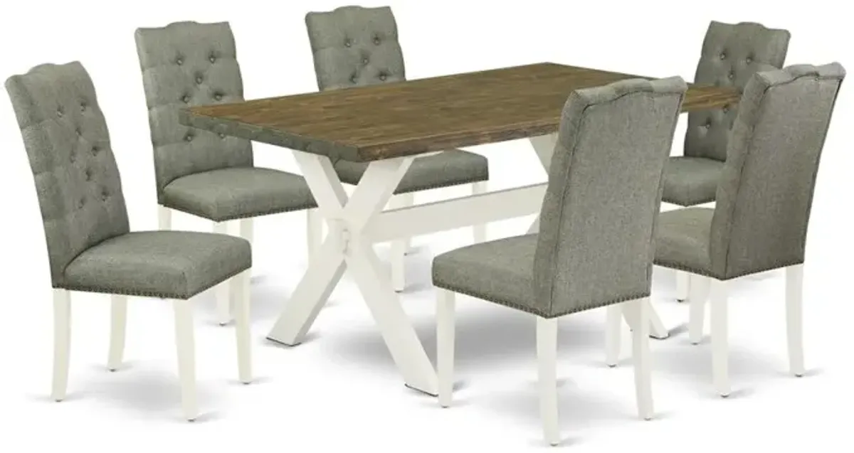 East West Furniture X076EL207-7 7-Piece Modern Dining Table Set- 6 Parson Dining Chairs with Smoke Linen Fabric Seat and Button Tufted Chair Back - Rectangular Table Top & Wooden Cross Legs - Distress
