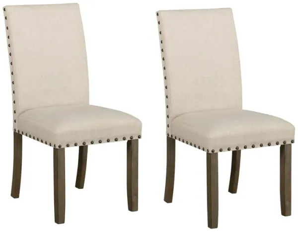 19 Inch Beige Fabric Dining Chair, Set of 2, Rustic Brown, Nailhead Trim - Benzara