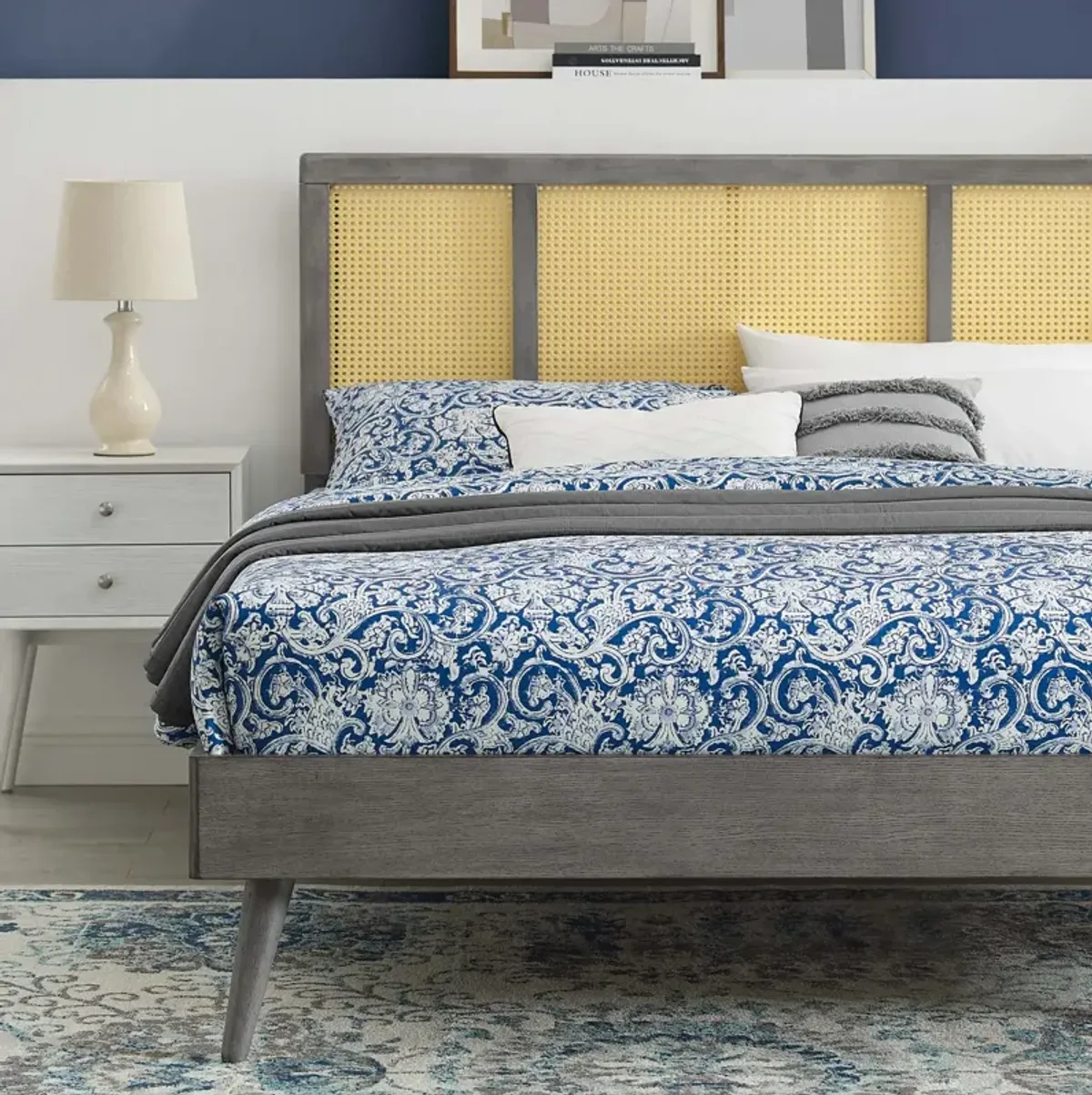 Modway - Kelsea Cane and Wood Full Platform Bed with Splayed Legs