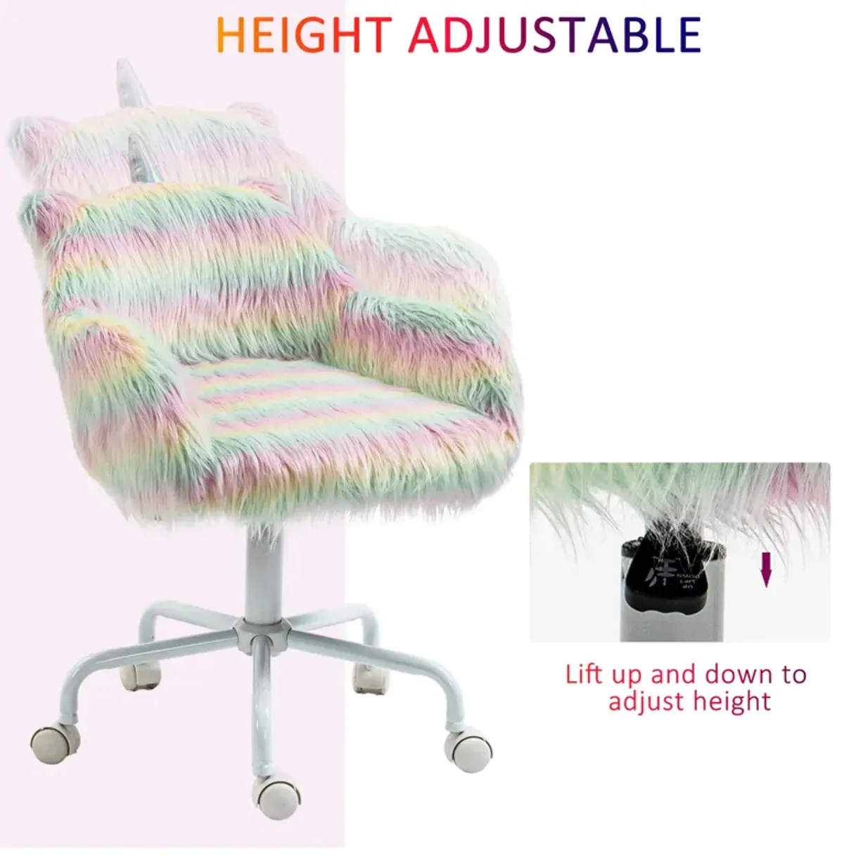 HOMCOM Fluffy Unicorn Office Chair with Mid-Back and Armrest Support, 5 Star Swivel Wheel White Base, Rainbow