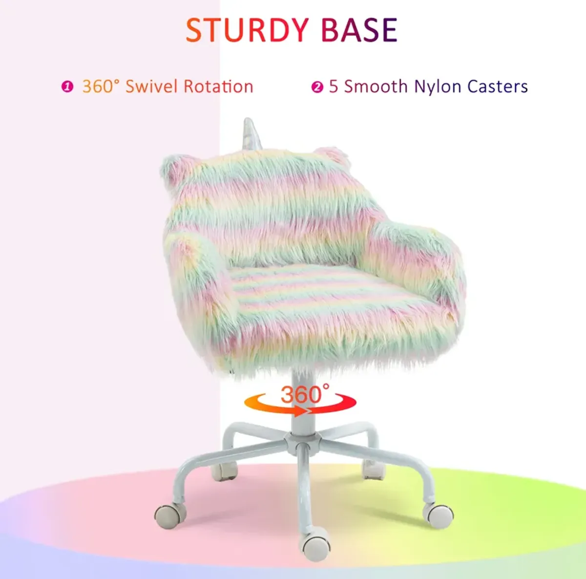 HOMCOM Fluffy Unicorn Office Chair with Mid-Back and Armrest Support, 5 Star Swivel Wheel White Base, Rainbow