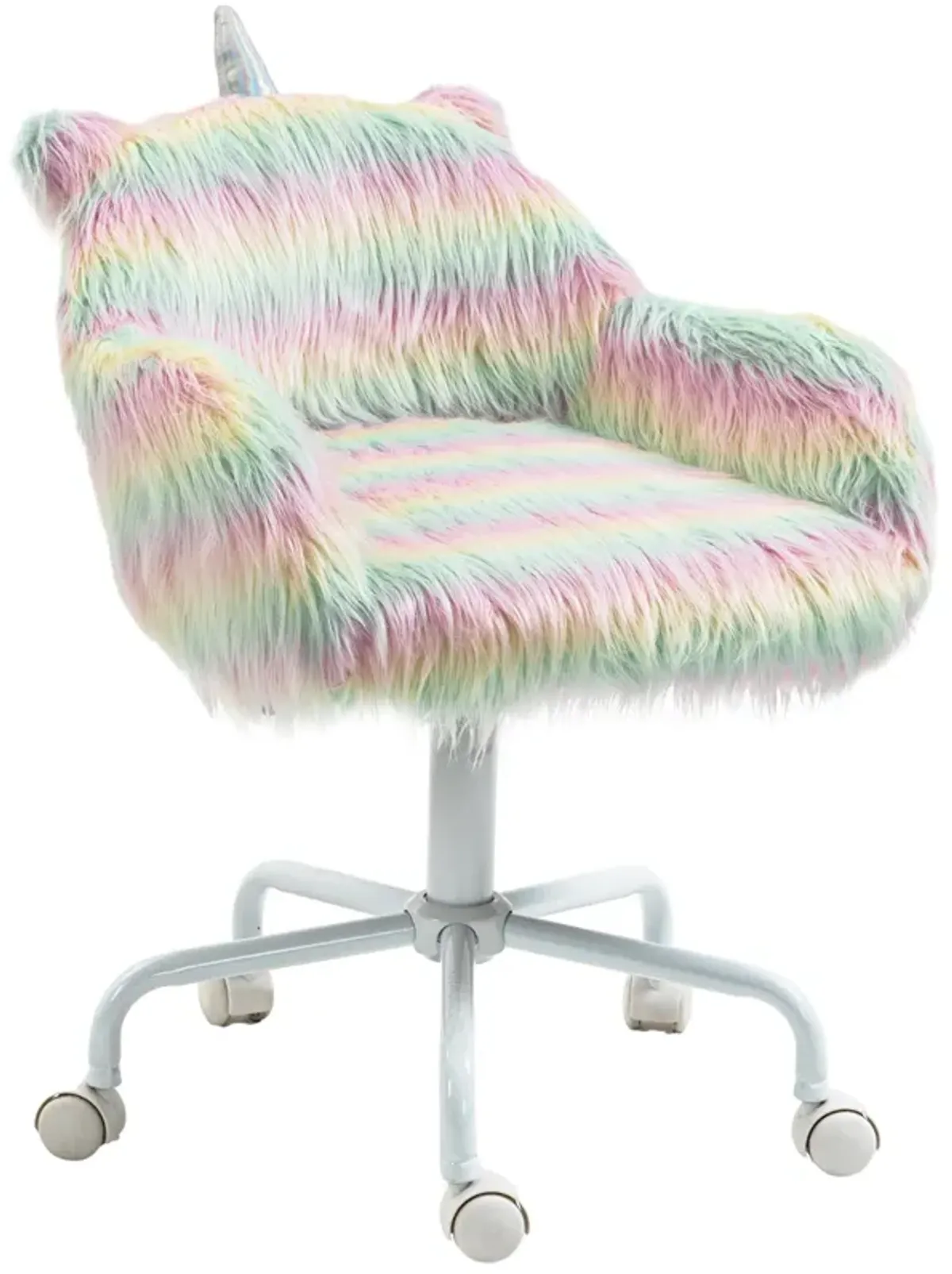 HOMCOM Fluffy Unicorn Office Chair with Mid-Back and Armrest Support, 5 Star Swivel Wheel White Base, Rainbow