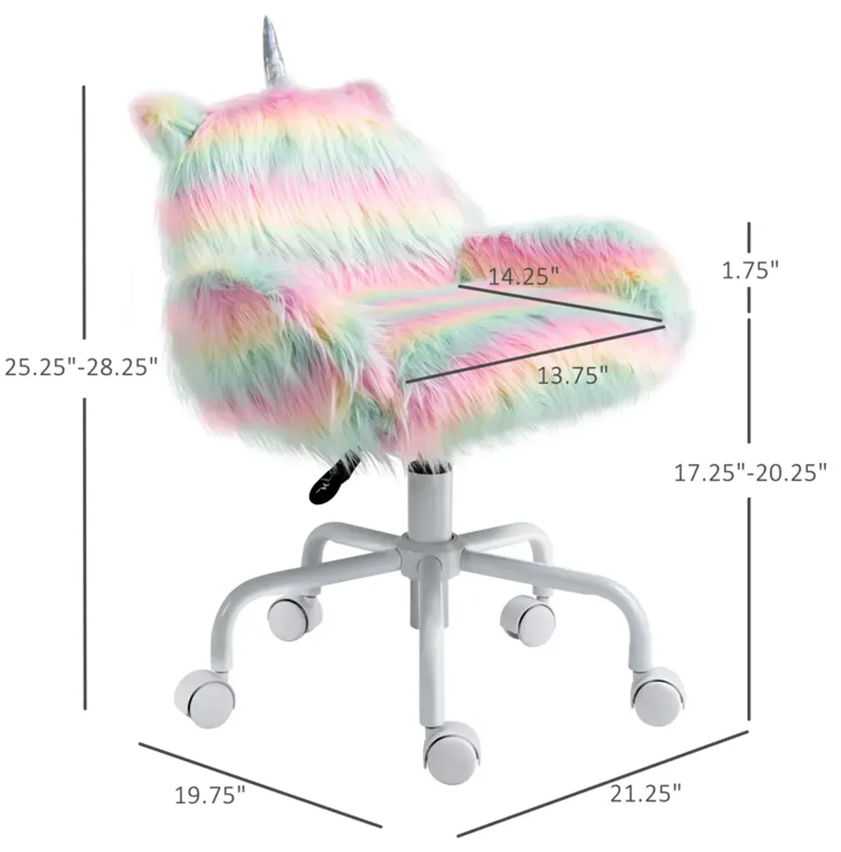 HOMCOM Fluffy Unicorn Office Chair with Mid-Back and Armrest Support, 5 Star Swivel Wheel White Base, Rainbow