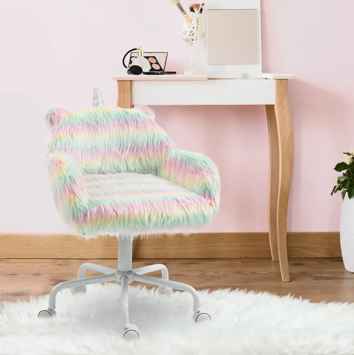 HOMCOM Fluffy Unicorn Office Chair with Mid-Back and Armrest Support, 5 Star Swivel Wheel White Base, Rainbow