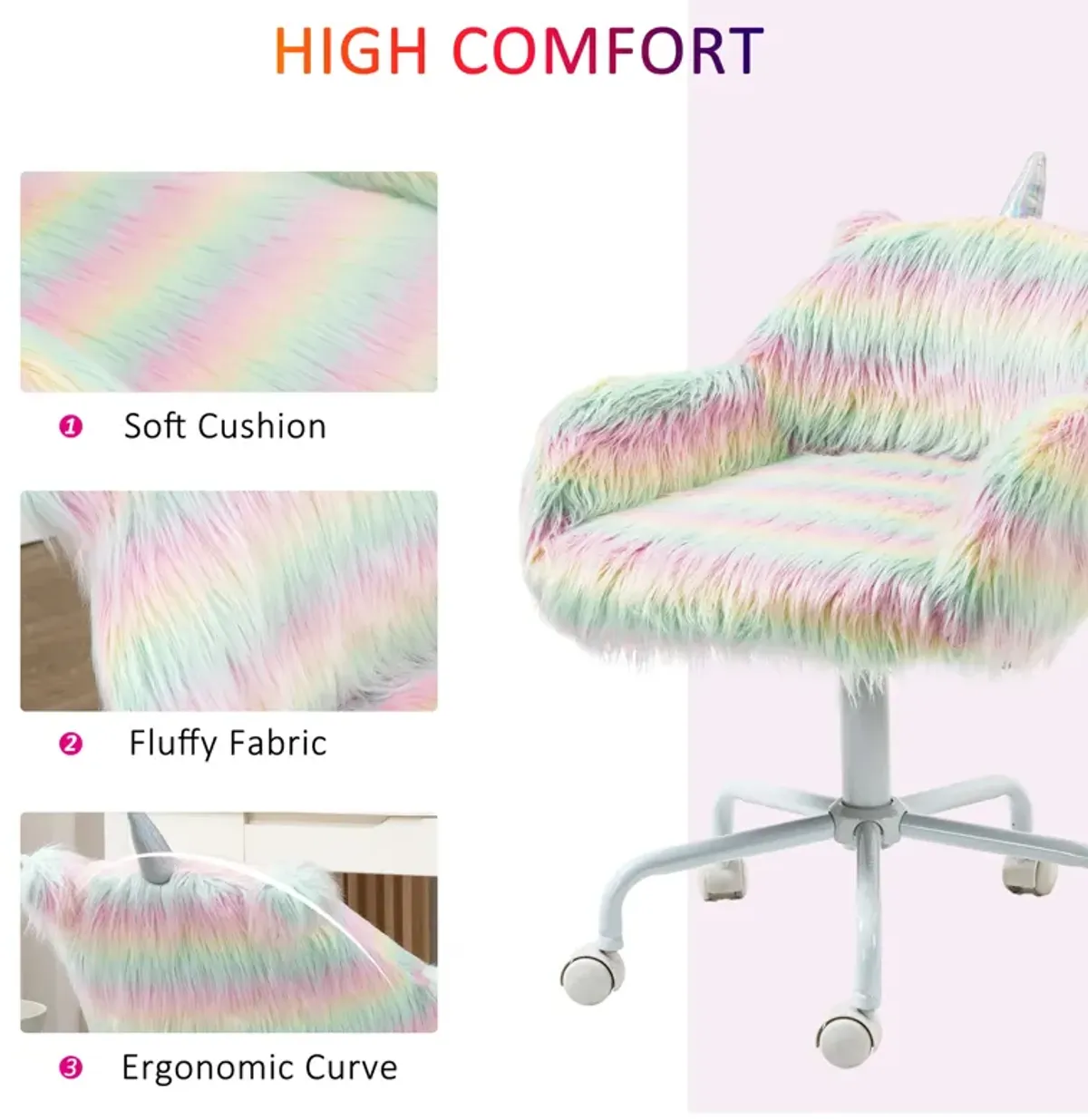 HOMCOM Fluffy Unicorn Office Chair with Mid-Back and Armrest Support, 5 Star Swivel Wheel White Base, Rainbow