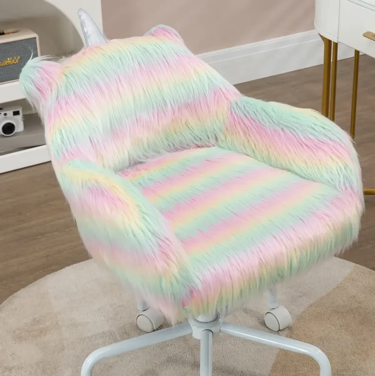 HOMCOM Fluffy Unicorn Office Chair with Mid-Back and Armrest Support, 5 Star Swivel Wheel White Base, Rainbow