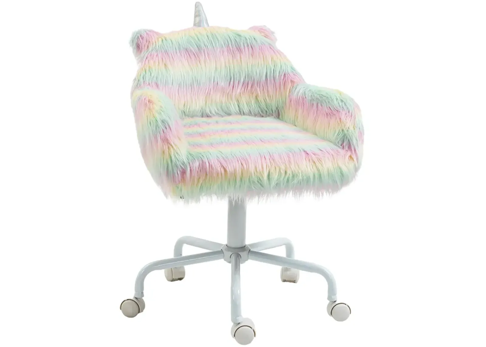 HOMCOM Fluffy Unicorn Office Chair with Mid-Back and Armrest Support, 5 Star Swivel Wheel White Base, Rainbow