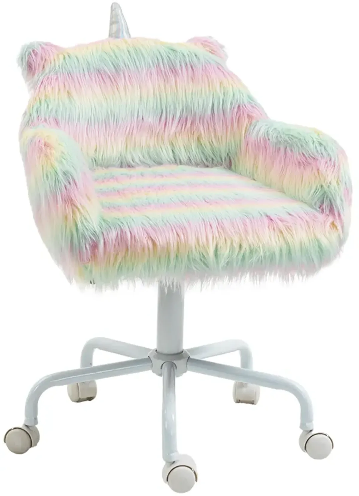 HOMCOM Fluffy Unicorn Office Chair with Mid-Back and Armrest Support, 5 Star Swivel Wheel White Base, Rainbow