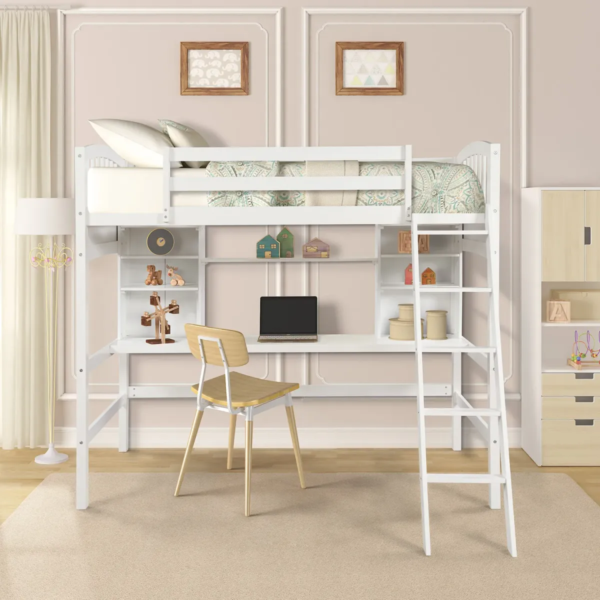 Merax Modern Loft Bed with Storage Shelves