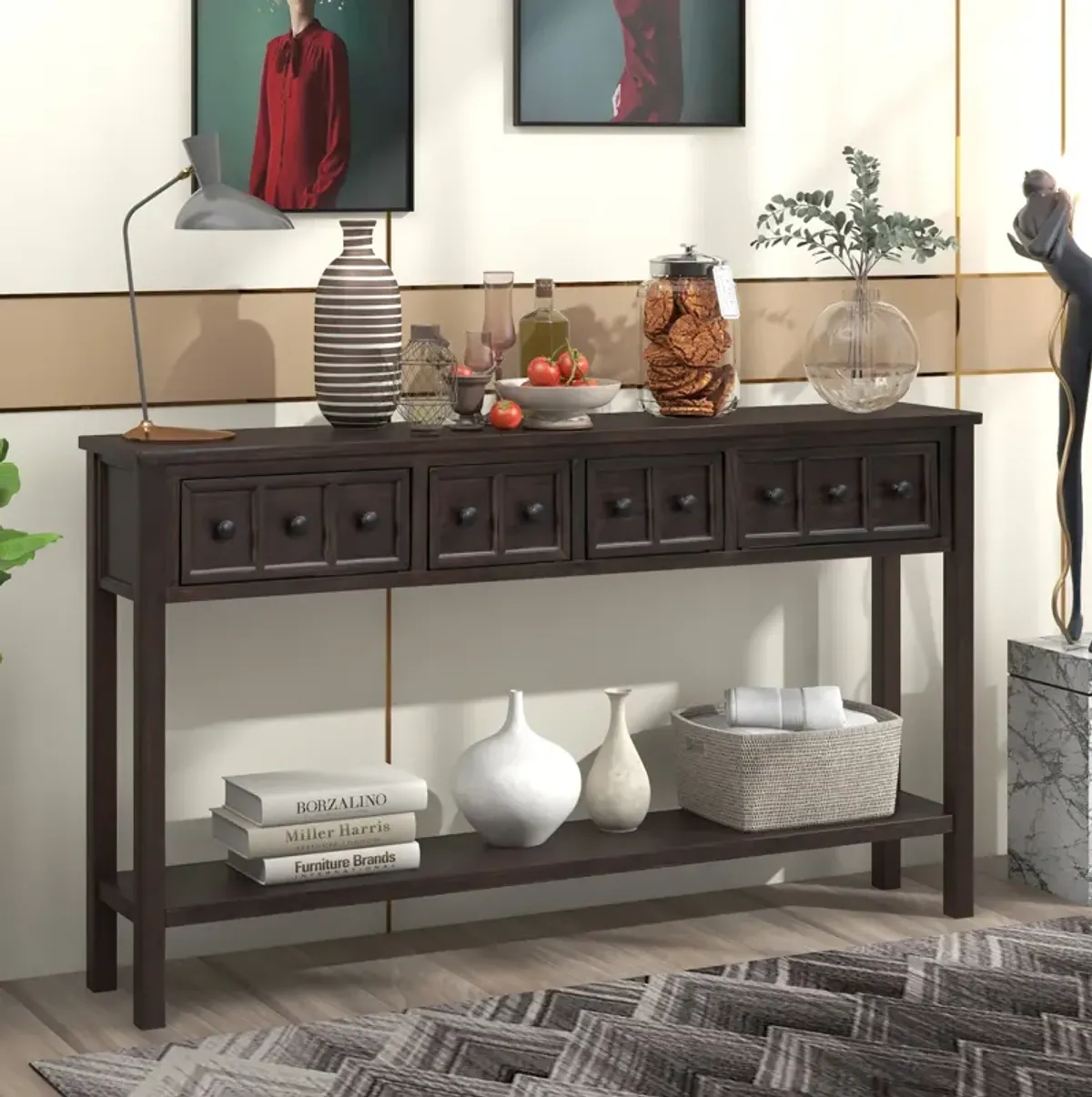 Rustic Entryway Console Table, 60" Long Sofa Table with Two Different Size Drawers and Bottom Shelf for Storage