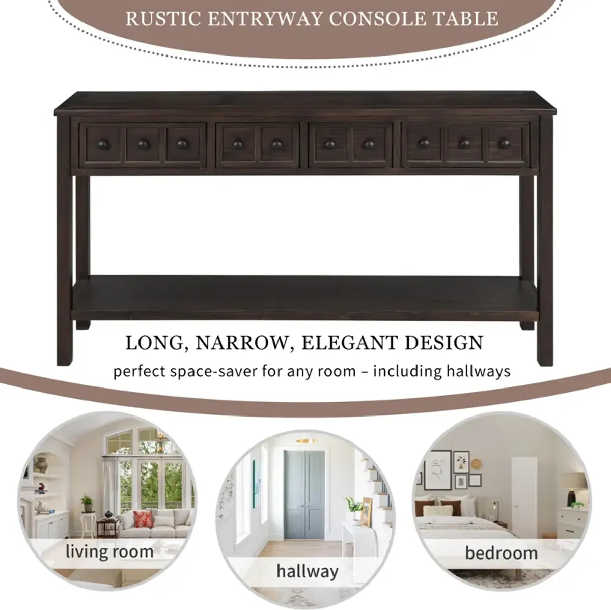 Rustic Entryway Console Table, 60" Long Sofa Table with Two Different Size Drawers and Bottom Shelf for Storage