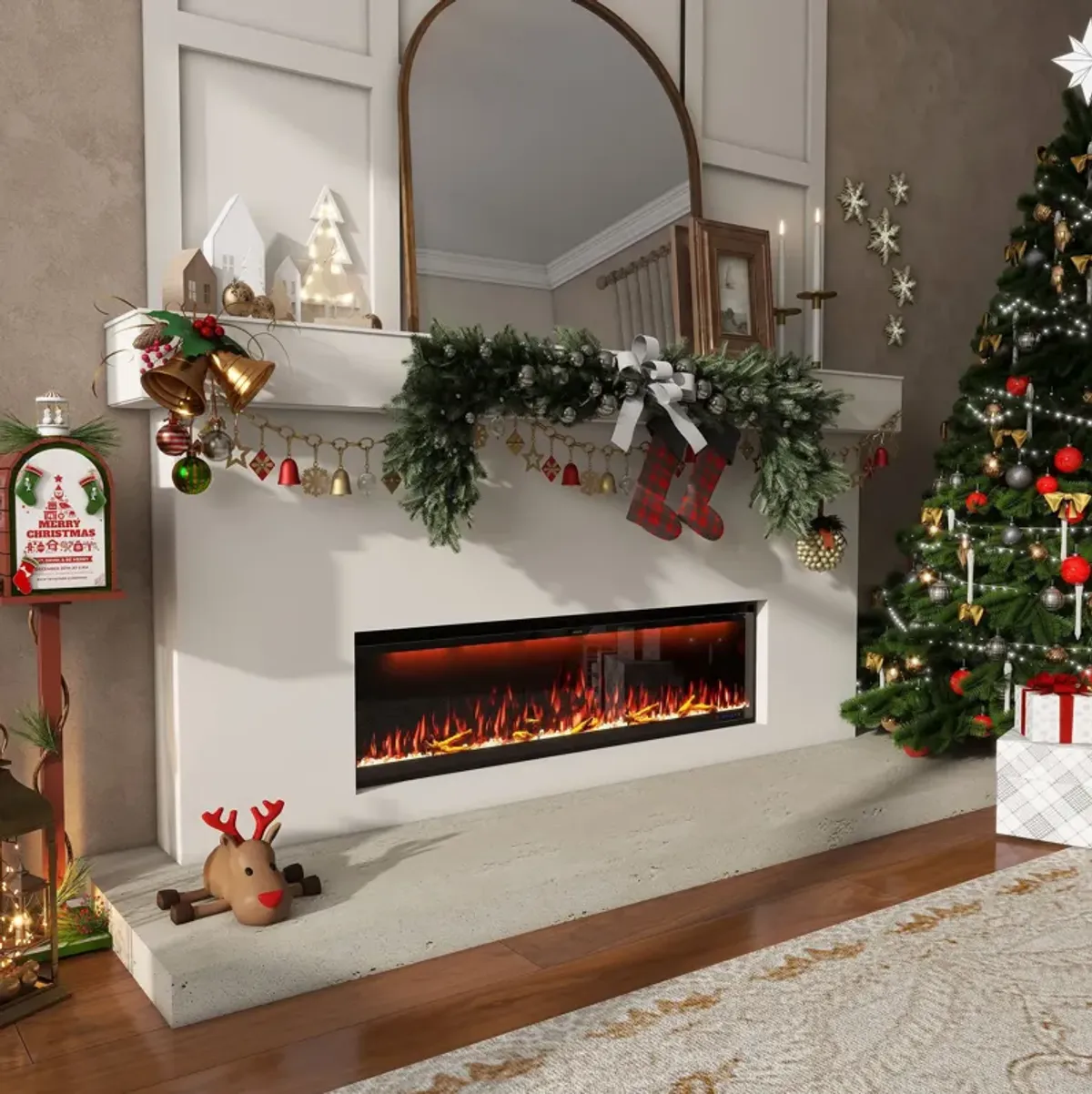 Smart 60” Wall-Mounted Electric Fireplace with Realistic Flame Effects, Dual Heating, and Alexa Compatibility