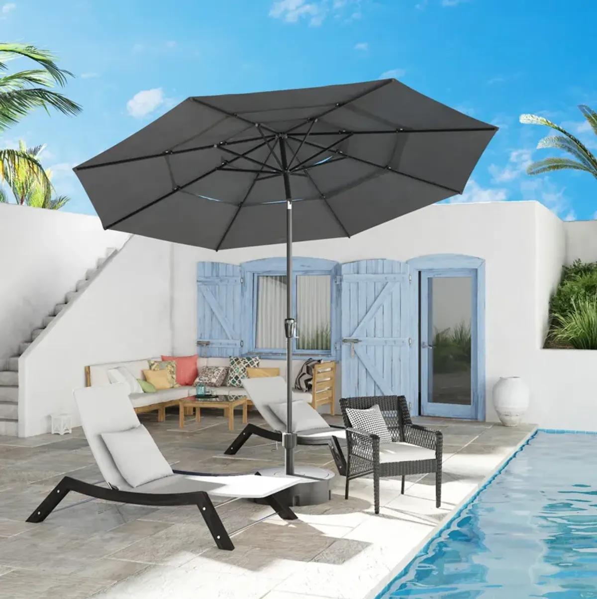 FUFU&GAGA 11FT 3-Tier Patio Umbrella – Navy Blue, Crank & Tilt, Heavy-Duty Steel Frame, UV-Resistant Polyester, Outdoor Sunshade