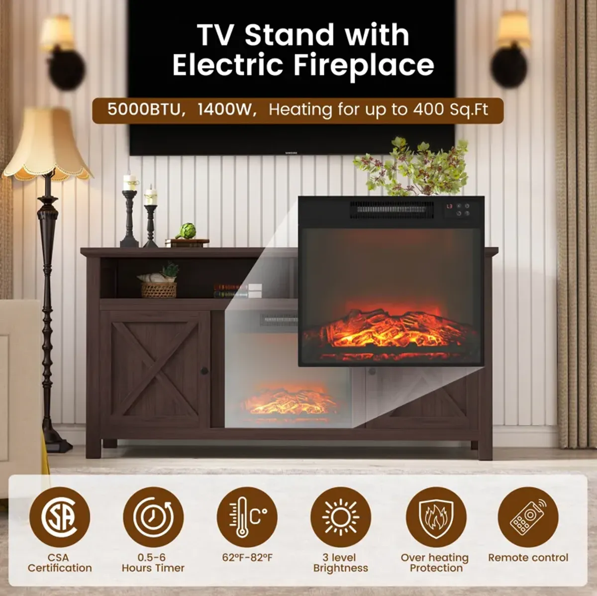 Mondawe 58.23-in W Brown TV Stand with Fan-forced Flat Wall Electric Fireplace with Remote Control Included