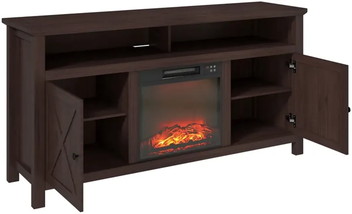 Mondawe 58.23-in W Brown TV Stand with Fan-forced Flat Wall Electric Fireplace with Remote Control Included